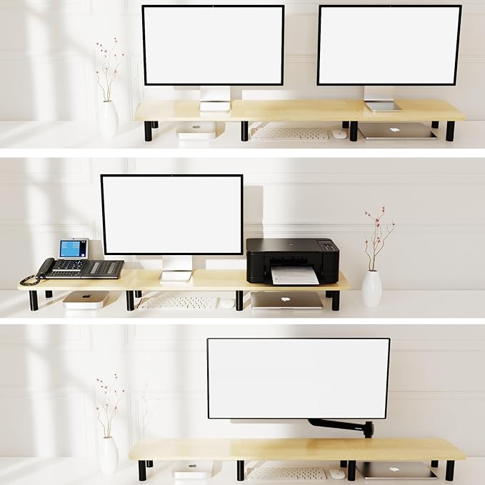 Large Extra Long Monitor Stand Riser 43.7in,Dual Monitor Riser, Wide TV Stand for 2 Monitors, Wood & Steel Leg Adjustable Height Desktop Riser, Home Office Organization. (Natural)-DeskLoop Office