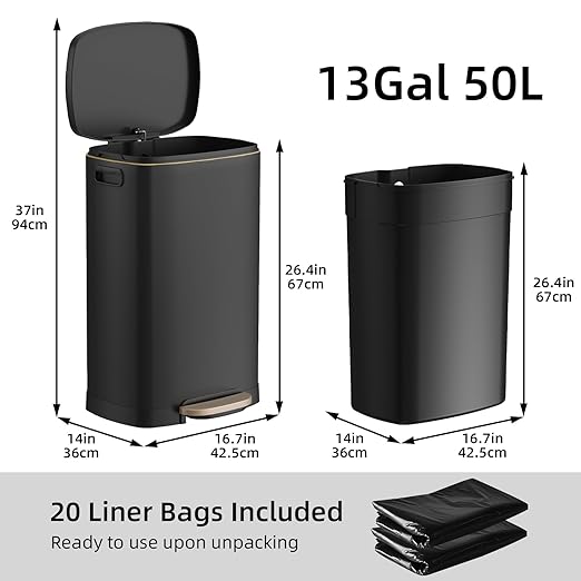 KUK 13 Gallon Kitchen Trash Can with Lid, 50L/13Gal Office Step Garbage Can for Home, Kitchen, Laundry Room, Office, Brushed Stainless Steel, Black-DeskLoop Office