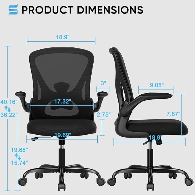 Sytas Ergonomic Desk Chair with Padded Flip up Arms and Supportive Lumbar Support, Breathable Mesh Home Office Chair with Comfortable Cushion for Home or Office(Black)-DeskLoop Office