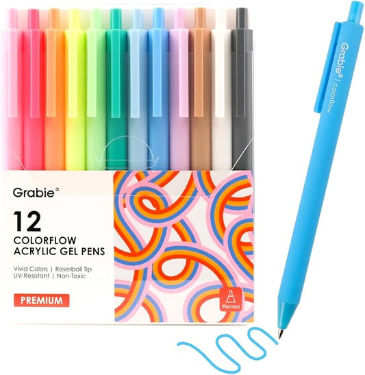 Grabie Acrylic Gel Pens, 0.6mm Fine Point Retractable Gel Pens for Journaling Note Taking, Pack of 12-DeskLoop Office