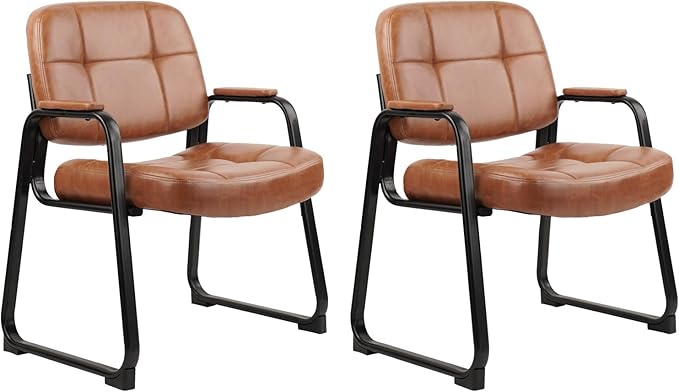 CLATINA Big & Tall 500 lbs Waiting Room Chairs with Padded Armrests and Sled Base, Leather Stationary No Wheels Office Guest Chair for Reception Lobby Home and Meeting Conference, Brown (2 Pack)-DeskLoop Office