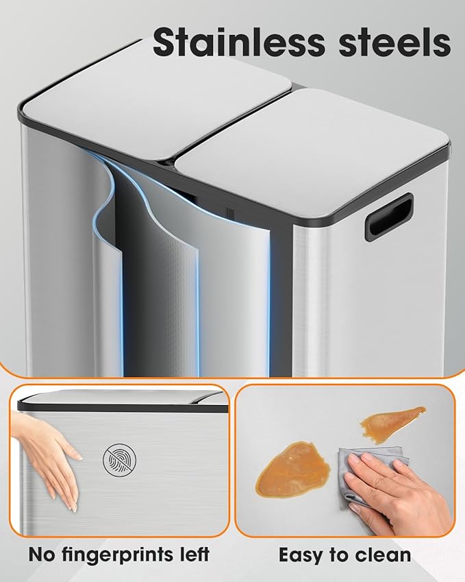 Lovewind Kitchen Trash Can, 2 x 8 Gallon (2 x 30 L) Stainless Steel Trash and Recycle Bin Combo with Soft-Close Lid, Dual Compartment Recycling Kitchen Step Trash Bin, Silver-DeskLoop Office