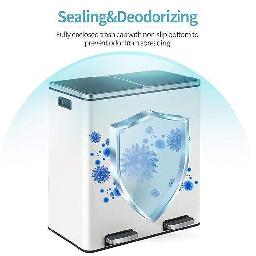 16 Gallon Rectangular Stainless Steel Trash Can, Dual Compartment Garbage Bin with Recycling Combo, Metal Dustbin Lid, Removable Liner, Indoor Hands Free Waste Bucket for Kitchen Home-DeskLoop Office