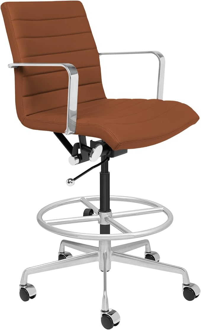 Laura Davidson Furniture SOHO II Ribbed Drafting Chair for Standing Desks, Standing Desk Chair - Ergonomically Designed, Commercial Grade Draft Height, Arm Rest & Cushion, Made of Faux Leather, Brown-DeskLoop Office