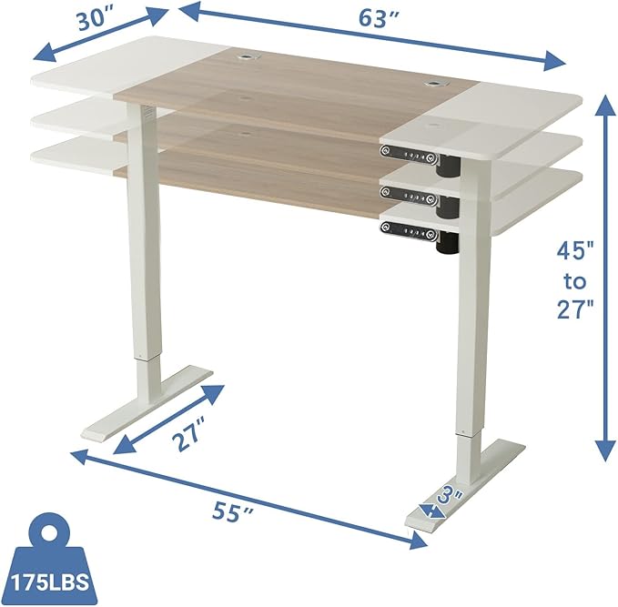 Electric Height Adjustable Standing Desk, 63 x 30inches Height Adjustable Computer Desk Sit Stand Desk Home Office Desks with Splice Board White Frame + White Top-DeskLoop Office
