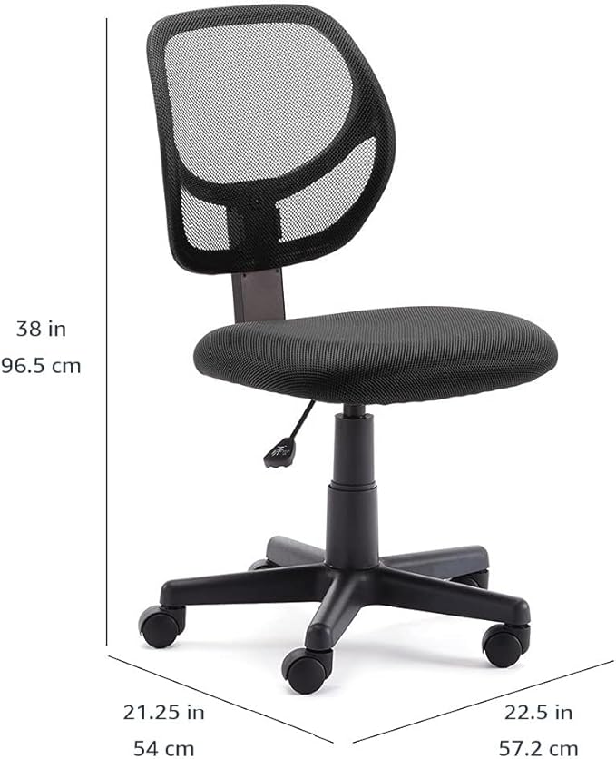 Amazon Basics Rolling Desk Chair, Adjustable, Low Back, Padded Seat, Breathable Mesh, Swivel, Black, 21.25" D x 22.5" W x 38" H-DeskLoop Office