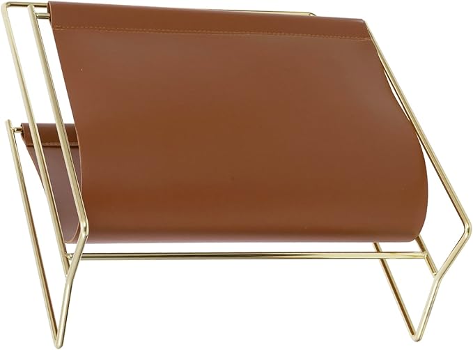 MyGift 13 inch Modern Caramel Leatherette Magazine Holder Floor Standing Sling Style Rack with Brass Tone Metal Frame-DeskLoop Office