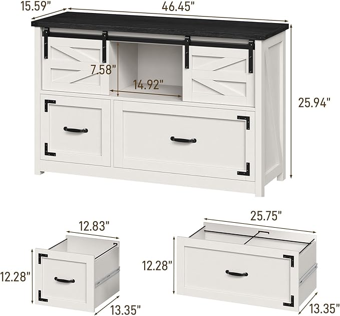 Lateral File Cabinets 2 Drawer with Sliding Barn Doors, Farmhouse Filing Cabinet with 2 Drawer for Home Office,Filing Organization Storage Cabinets for Hanging Files Letter/Legal/F4/A4.(Black.)