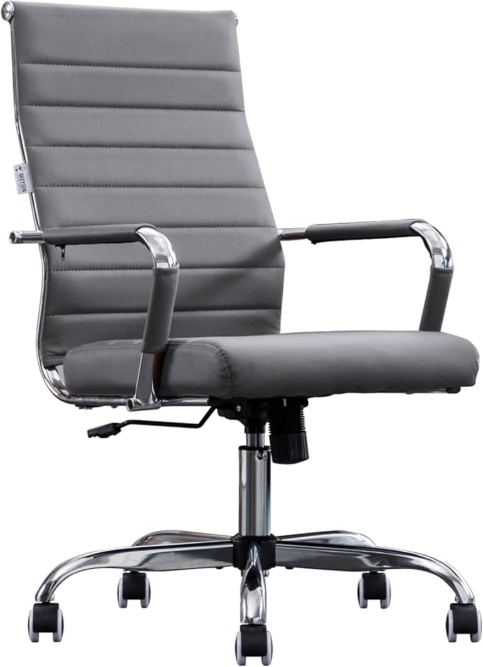 Home Office Chair Ribbed, Modern Leather Conference Room Chairs, Ergonomic Office Desk Chair, High Back Executive Computer Chair, Adjustable Swivel Chair with Arms (Grey)-DeskLoop Office