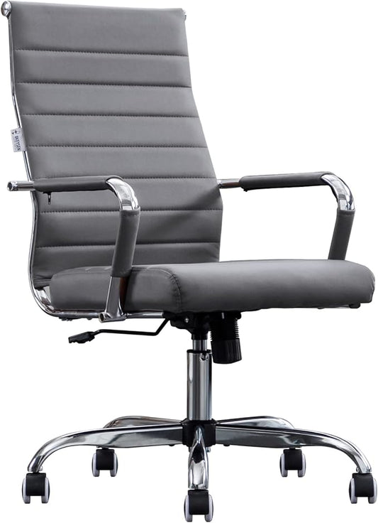 Home Office Chair Ribbed, Modern Leather Conference Room Chairs, Ergonomic Office Desk Chair, High Back Executive Computer Chair, Adjustable Swivel Chair with Arms (Grey)-DeskLoop Office