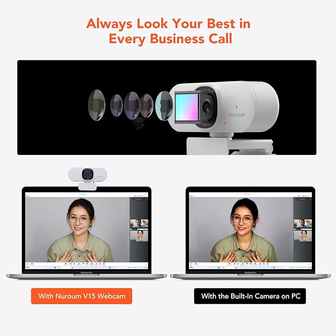 NUROUM V15AF 2K Webcam for PC, 1080p 60FPS AutoFocus Web Camera with Microphone, Privacy Cover and Mute, 75°FOV Dual Microphone USB FHD Computer Camera, Plug and Play for Zoom/Skype/Teams, White-DeskLoop Office