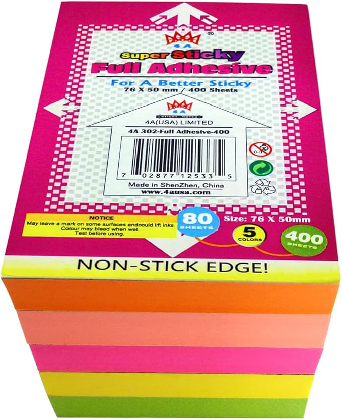 Full Adhesive Sticky Notes 3 x 2 in, Bright Colors, Colorful Small Sticky Notes Full Adhesive Back Self-Stick Note Pads for Office, School Supplies, 80 Sheets/Color, 5 Colors/Pack, 400 Sheets Total-DeskLoop Office