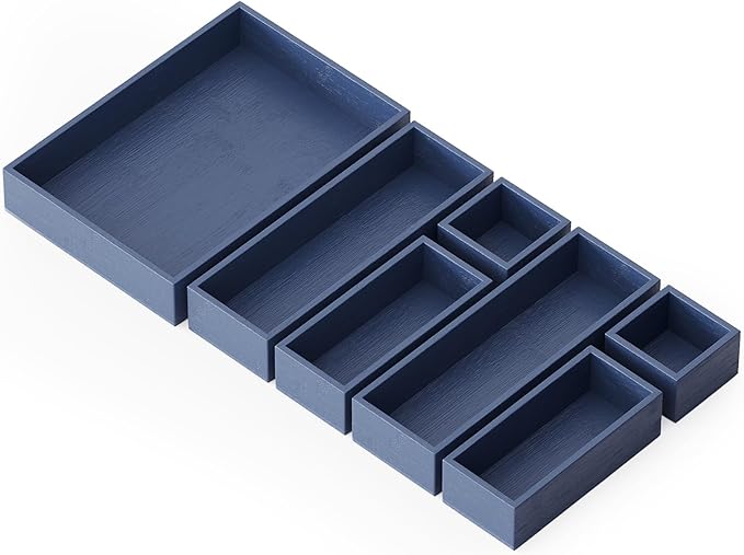 SpaceAid 7-Piece Bamboo Drawer Organizer Storage Boxes Set, Wood Tray Junk Drawer Organizers Multi-Use Divider Bins for Kitchen, Bathroom, Office Desk and Makeup Organization (7 Pack, Navy Blue)-DeskLoop Office