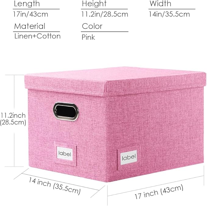PRANDOM File Organizer Box - Set of 2 Collapsible Decorative Linen Filing Storage Hanging File Folders with Lids Office Cabinet Letter/Legal Size Pink (17x14x11.2 inch)-DeskLoop Office