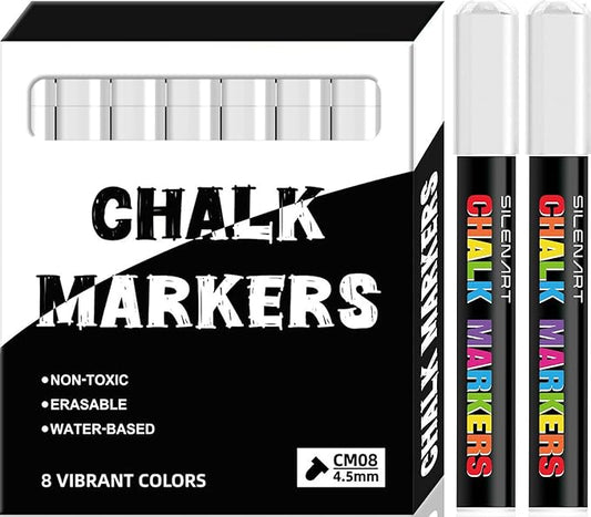 SILENART White Chalk Markers - 8 Pack - Liquid Chalk Markers for Blackboard Chalk Board Windows Glass Acrylic Calendar Board - Erasable Chalk Marker - White-DeskLoop Office
