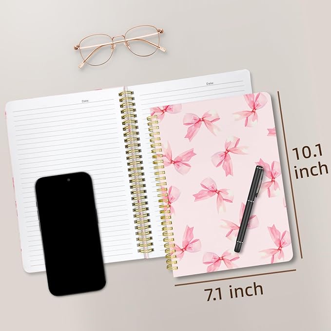 Cute Spiral Notebook journal B5 Aesthetic Pretty Design for Women Girls Kawaii with Pocket, 10 x 7.2 inch, Lined, Bow Tie-DeskLoop Office