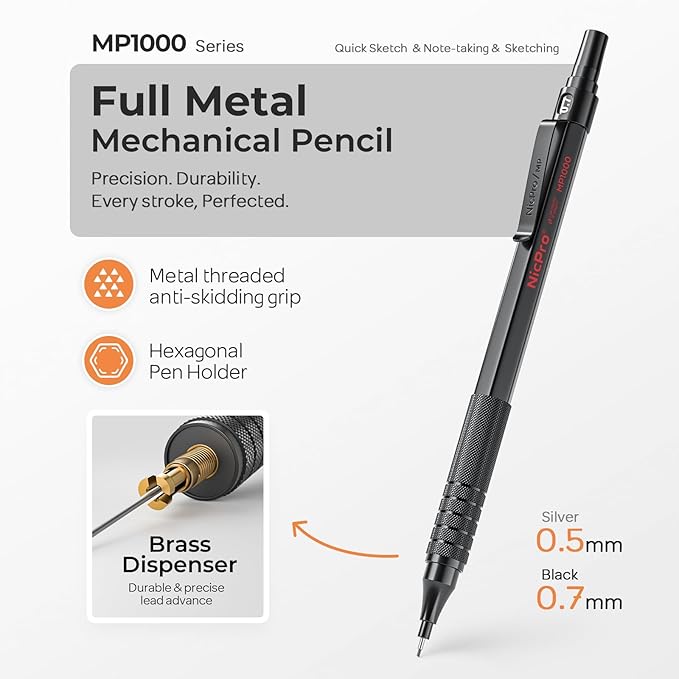 Nicpro 4 Pack Metal Mechanical Pencil Set 0.5 mm & 0.7mm with Case, Artist Pencil MP1000 with 8 Tubes HB & 2B Lead Refill, 3 Eraser, 9 Eraser Refill For Art Writing Drafting Drawing,Black & Silver-DeskLoop Office