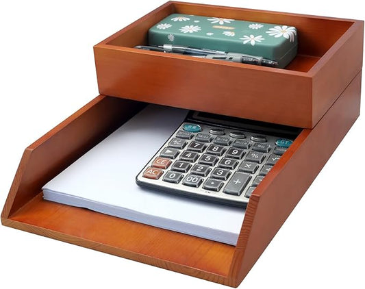 Desk Organizer Letter Tray Set of 2, Magnetic Wooden Tabletop Desktop for Storage Paper Letter Folders Notebooks Copy Print, Workspace Holder, Office Supplies, Keep Stationery Saver-Brown-DeskLoop Office