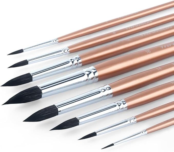 Transon 8pcs Round Watercolor Paint Brush Set Goat Hair for Watercolors,Acrylics,Inks,Gouache,Oil and Tempera-DeskLoop Office