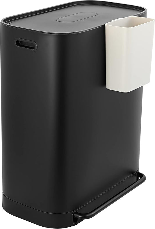 happimess HPM1014B Beni Kitchen 16-Gallon Double-Bucket Step-Open Trash Can with Soft-Close Lid, Modern, Minimalistic, Fingerprint Proof for Home, Kitchen, Laundry Room, Office, Bathroom, Black-DeskLoop Office