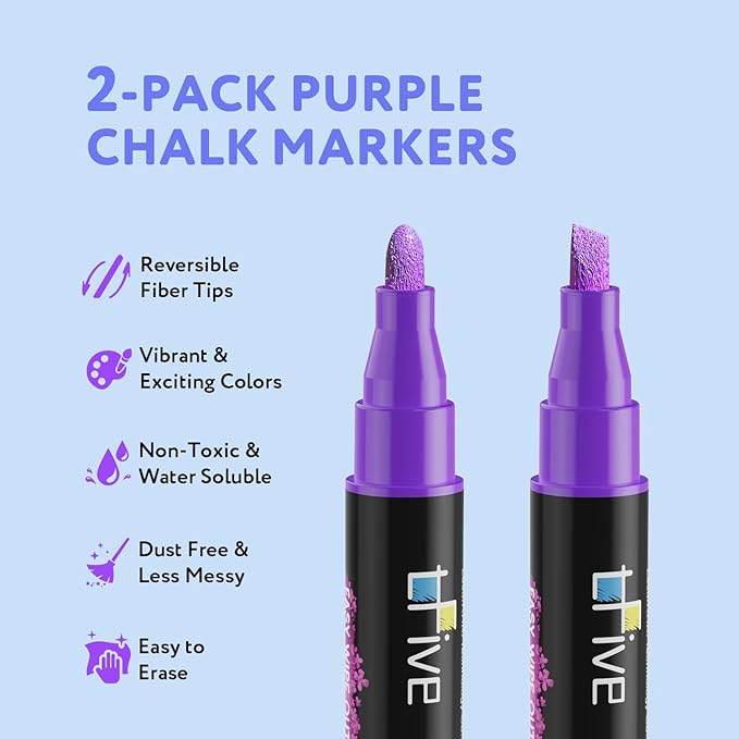 TFIVE Purple Liquid Chalk Markers - 2 Pack Bright Colors Erasable Chalk Marker Pens, Reversible Tip, Non-Toxic, for Chalkboards, Signs, Glass, Easy to use Chalk markers TF800-DeskLoop Office