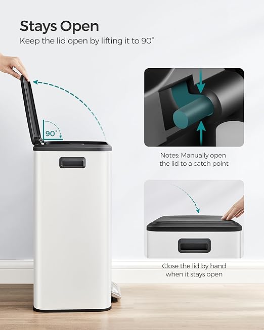 SONGMICS Kitchen Trash Can, 10.5-Gallon (40L) Garbage Can with Lid and Wide Foot Pedal, Soft Close and Stays Open, White ULTB541W40-DeskLoop Office