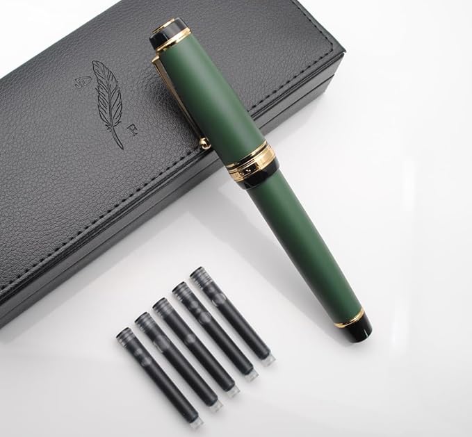 Metal Big Fountain Pen Set Medium Nib 0.7mm, Includes Ink Refill Converter, 5 Ink Cartridges & Gift Box (Medium Nib 0.7mm, Matte Green)-DeskLoop Office