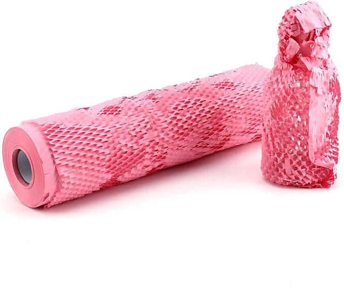 JAPCHET 15 In x 164 Ft Pink Honeycomb Packing Paper, Honeycomb Paper with Sticker Labels and 10 m Rope Honeycomb Wrap Roll for Packaging and Shipping-DeskLoop Office