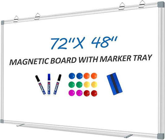 White Board Dry Erase Whiteboard for Wall 72" x 48" Aluminum Presentation Magnetic Whiteboards with 4 Hooks, 12 Magnets, 3 Markers & 1 Eraser-DeskLoop Office