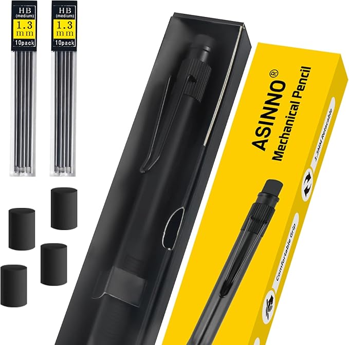 ASINNO 1.3 MM Mechanical Pencil, Weatherproof 2B Dark Lead, Heavy Duty Mechanical Pencil Woodworking Pencils with 20 Lead Refills and 4 Erasers, for Outdoor Marking Drafting Drawing Sketching-DeskLoop Office