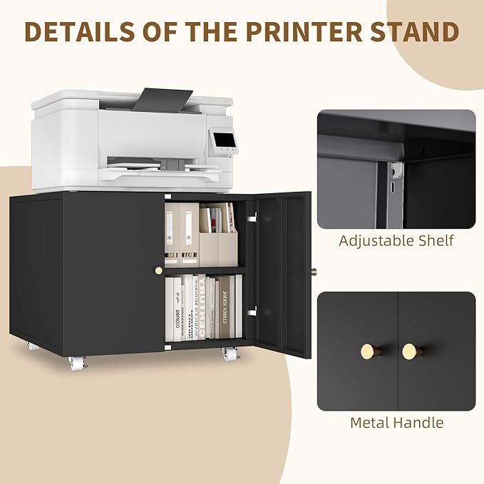 Small Space Printer Stand with Doors, Mini Fridge Stand for Laundry, 3D Printer Stand with Storage, Low Printer Table, Modern Under Desk for Home Office, Small Carts for Scanner, Fax-DeskLoop Office