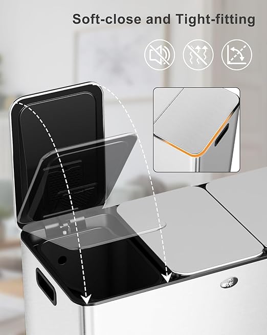 60L/15.9 Gal Gallon Three-Compartment Pedal Stainless Steel Kitchen Recycling Trash Can with Odor Seal, Hands-Free Foot Operated Waste Bin for Home, Office, Restaurant, School, Hospital-DeskLoop Office