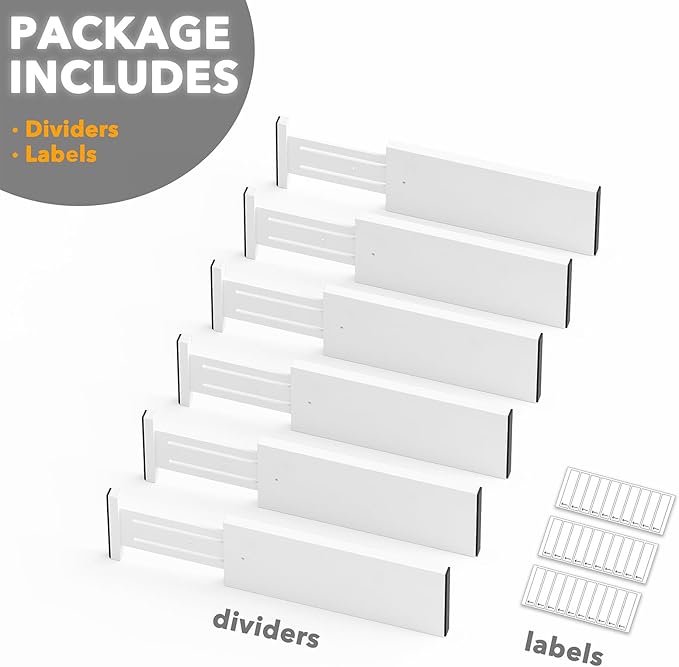 SpaceAid Bamboo Dresser Drawer Dividers 6 Pack, 4.65“ High Adjustable 12.5“-17” Drawer Organizers, Expandable Organization for Clothing, Clothes, Dressers, White-DeskLoop Office