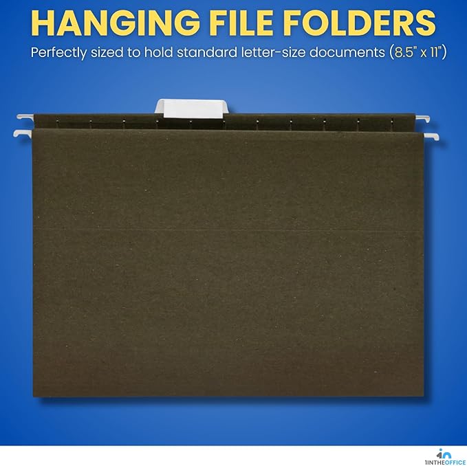 1InTheOffice Green Hanging File Folders Letter Size, Hanging Organizer File Folders, File Cabinet Folders, 1/5 Tabs, 11 pt, 50 Pack-DeskLoop Office