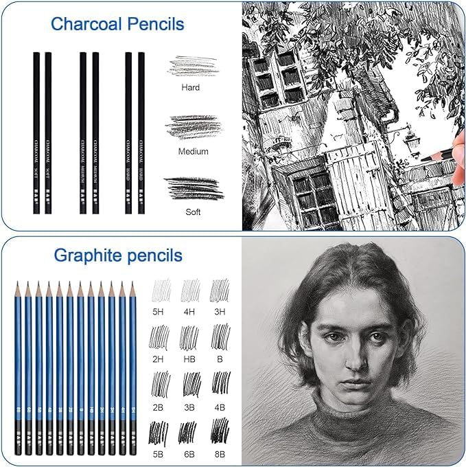 H & B 80-Pack Colored Sketching Art Pencil Set with 3-Color Sketchbook and Coloring Book - Includes Graphite, Watercolor, Metallic, and Oil-Based Colored Pencils-DeskLoop Office