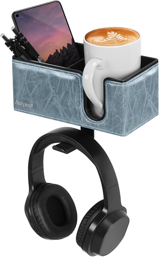 Desk Cup Holder Clip on Pen Holder Headphone Hanger Headset Stand Rotatable Clamp Hook Under Desk (Sky Blue)-DeskLoop Office