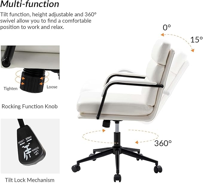 HULALA HOME Modern Faux Leather Home Office Chair with Tilt Lock & Metal Base, Desk Chair with Wheels & Padded Cushion, 360° Swivel Wide Seat Computer Task Chair, White-DeskLoop Office