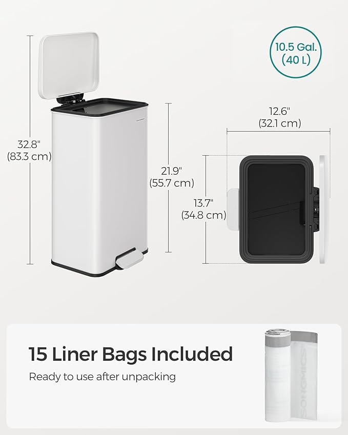 SONGMICS Kitchen Trash Can, 10.5 Gallon (40 L) Garbage Can, Large Step Trash Bin with Lid, Stainless Steel, Soft Close, 15 Trash Bags Included, White ULTB540W40-DeskLoop Office