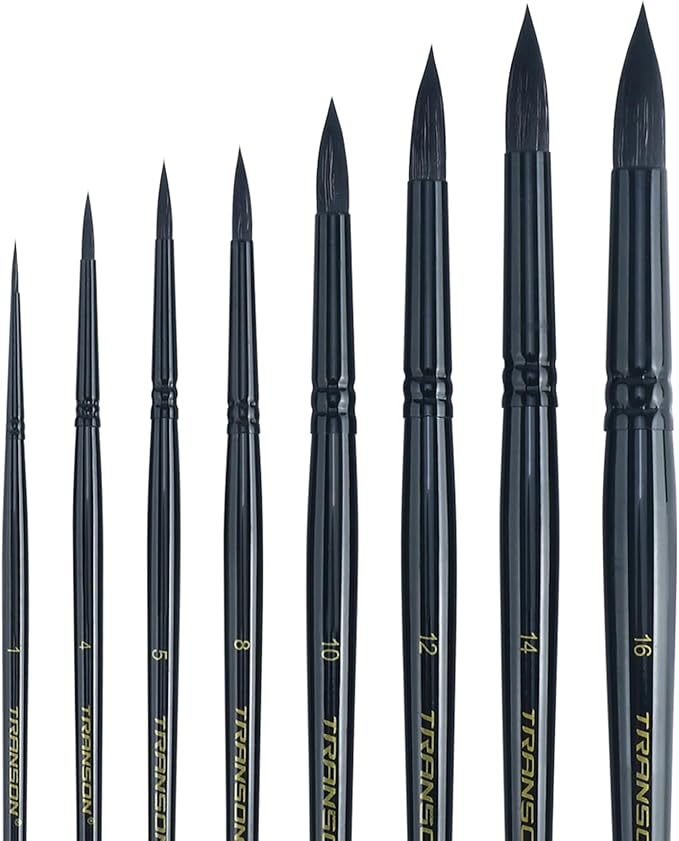 Transon 8pcs Round Watercolor Paint Brush Set Goat Hair for Watercolors,Acrylics,Inks,Gouache,Oil and Tempera Black Color-DeskLoop Office