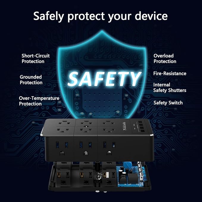 Surge Protector Nikleb, Wall Outlet with 4 USB Ports 5V 4.8A Total, 12 Multi Outlet Extender, Multiple USB Plug Adapter Wall Mount, Phone Chargier Organizer with Phone Holder, Heavy Duty-DeskLoop Office