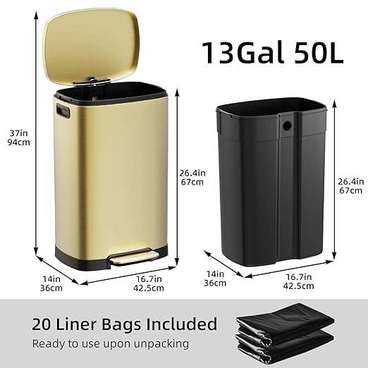 KUK 13 Gallon/50L Stainless Steel Kitchen Trash Can with Lid and Step Pedal-Large Capacity Garbage Bin with Odor Seal, Silent Close Lid, Removable Inner Bucket, Titanium Gold-DeskLoop Office