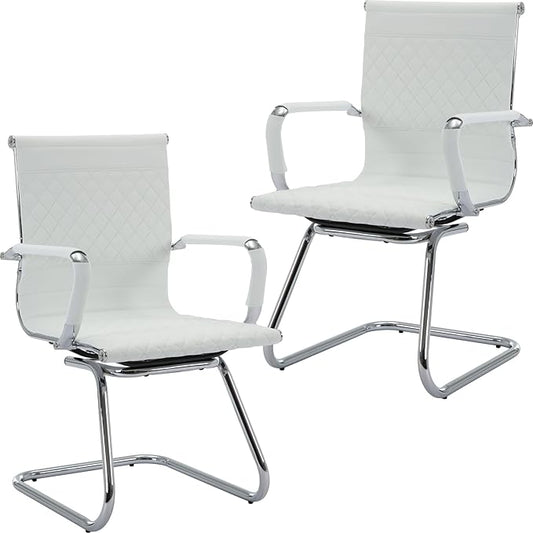 Office Guest Chairs Reception Chairs Waiting Room Chairs Set of 2 Conference Room Chair with Mid Back, Modern PU Leather Desk Chair, White-DeskLoop Office