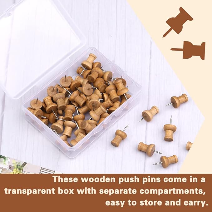 50 Pcs Wooden Push Pins, Decorative Thumb Tacks, Push Pins for Cork Board Head Pin Wood Map Tacks Marking Pin, Wood Thumb Tacks Decorative for Bulletin Boards Craft Projects with Storage Box, Coffee-DeskLoop Office