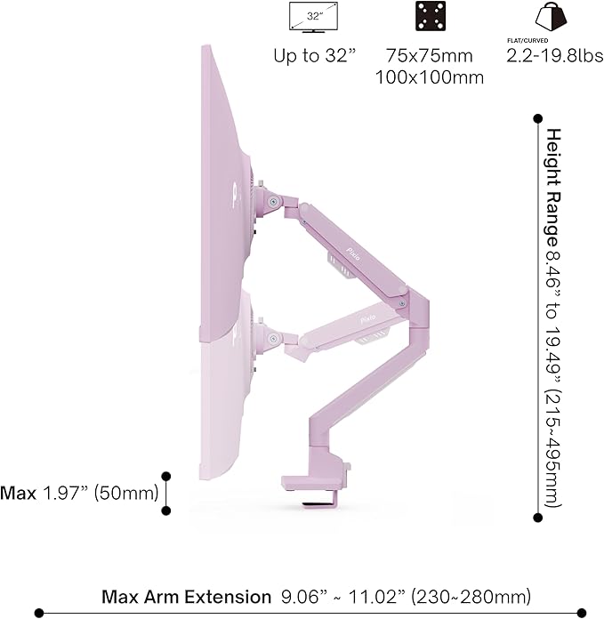 Pixio PS1S Wave Pink Single Monitor Arm Stand Desk Mount - Fits up to 32 inches Monitors and up to 19.8lbs. VESA Compatibility and Integrated Cable Management-DeskLoop Office