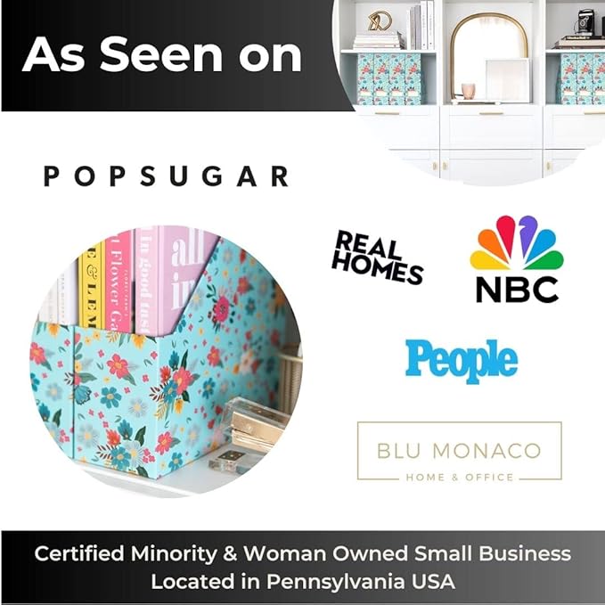 BLU MONACO Floral Magazine Holder, Set of 4 Foldable Magazine File Boxes, Aqua Floral Pattern with Gold Label Holder, Vertical Desk Organizer and Binder Holder-DeskLoop Office