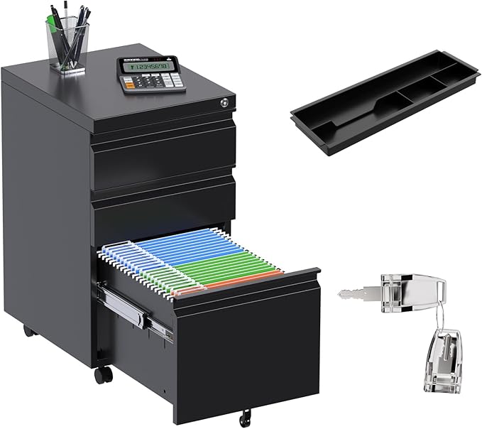 Aobabo Steel 3 Drawer Mobile File Cabinet with Lock, Under Desk Metal Filing Cabinet, 23.6''H A4/Legal/Letter Size Fully Assembled Except Wheels, Black-DeskLoop Office