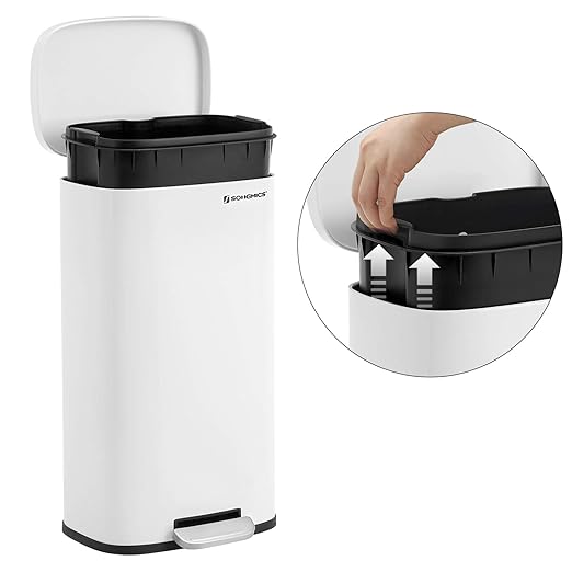 SONGMICS Trash Can with Lid, 8 Gallon Garbage Can, Stainless Steel Small Waste Bin with Step Pedal and Inner Bucket, Soft Close, Kitchen, White ULTB102W01-DeskLoop Office
