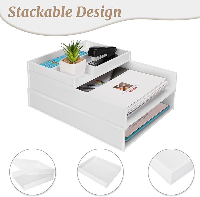 Stackable Letter Tray, 3 Pcs A4 Paper Tray, Desk Document File Organizer Set, Plastic Desk Paper Tray Organizer for A4 Paper Magazine, Receipts, Office Supplies,White-DeskLoop Office