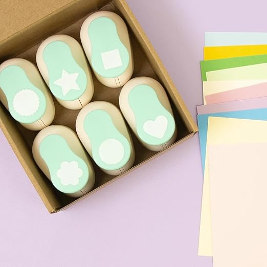 Craftelier - 1 inch Hole Punch Set of 6 for Paper Crafts + 10 Cardstock Colored Paper | Circle, Star, Heart, Scalloped Circle, Square & Flower | Punch Sets for Scrapbooking & Cardstock.-DeskLoop Office