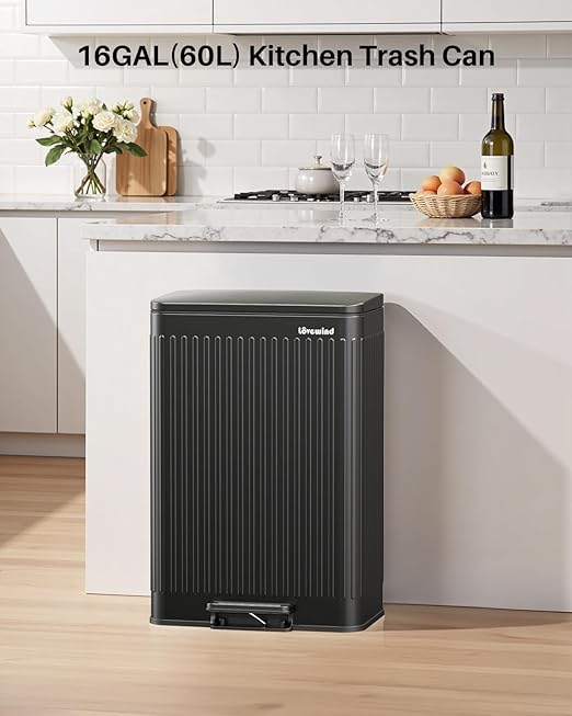 Lovewind 60 Liter/ 16 Gallon Stainless Steel Trash Can with Soft-Close Lid, Large Footstep Garbage Can with Roman Texture, Removable Inner Buckets, Recycling Bin for Kitchen Office, Black-DeskLoop Office